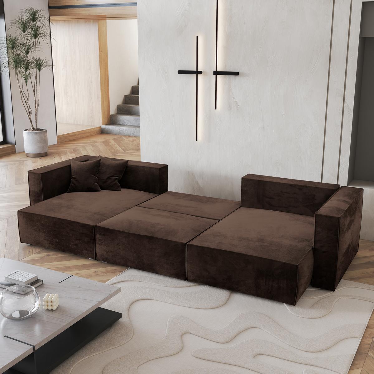 WOHNLANDSCHAFT SARMO M Braun Velours-Stoff mit Schlaffunktion - Braun/Grau, Holz/Kunststoff (347/70/148cm) - MASSENO