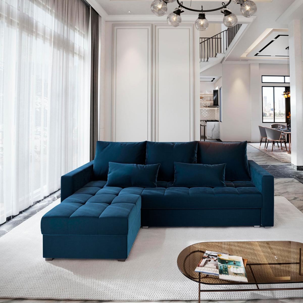 ECKSOFA KOS PIK Blau Plüsch-Stoff mit Schlaffunktion - Blau/Grau, Holz/Kunststoff (220/140cm) - MASSENO