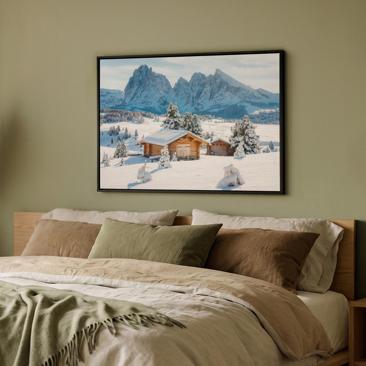 LEINWAND Bilder mit Rahmen - Winter - Hütte - Berge - Aussicht - Schnee - 70x50 - Eichefarben, Textil (70/50cm) - MuchoWow