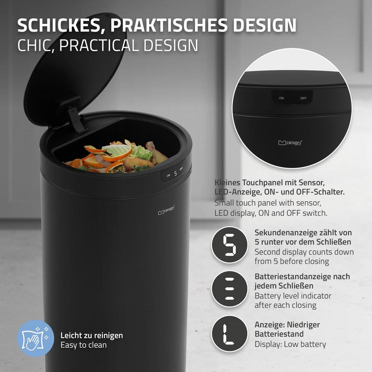 MÜLLEIMER mit Sensor 40L rund aus Stahl Schwarz - Schwarz, Metall (29/68/29cm) - ML-DESIGN