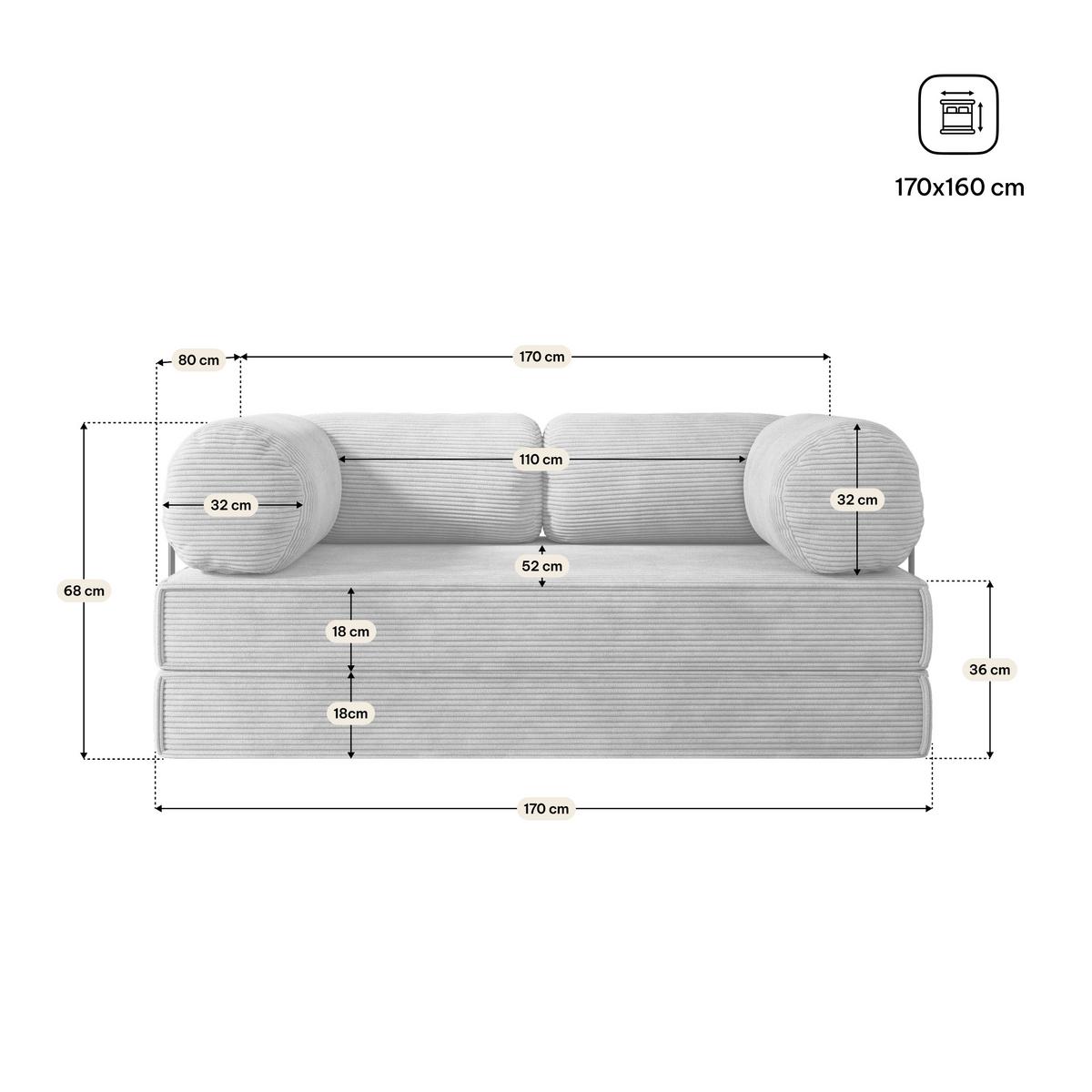 BETTSOFA ALVIO aus Schaumstoff Kordstoff Hellgrau Schlaffunktion - Hellgrau, Textil (170/68/80cm) - MASSENO