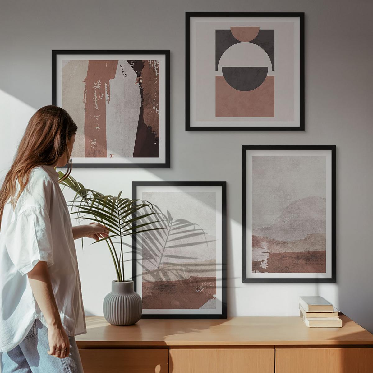 BILDER SET 4er Set - 50x50 cm & 40x60 cm Schwarzer Rahmen - Abstrakte braune Muster - Schwarz, Kunststoff (50/50cm) - TULUP