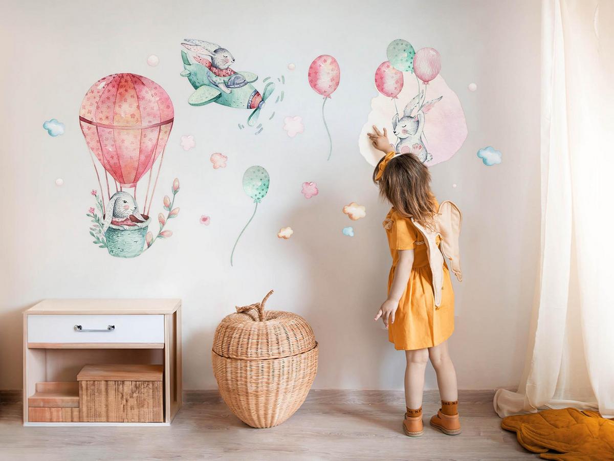 WANDAUFKLEBER 60x71cm - Hasen am Himmel - Multicolor, Kunststoff (60/71/0.1cm) - Wallfluent