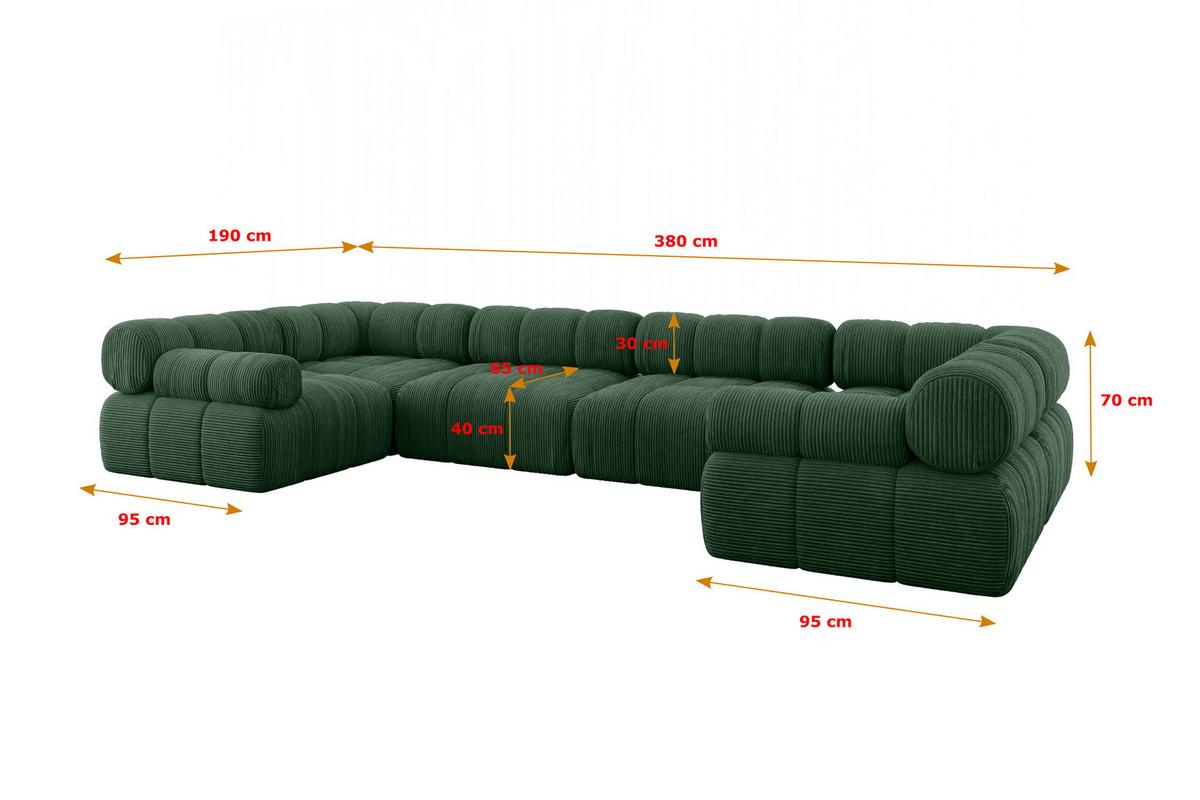 WOHNLANDSCHAFT modulares Sofa Birno-U2 - 380x190x70 cm Grün Cord - Grün, Holzwerkstoff/Textil (380/70/190cm) - ALTDECOR