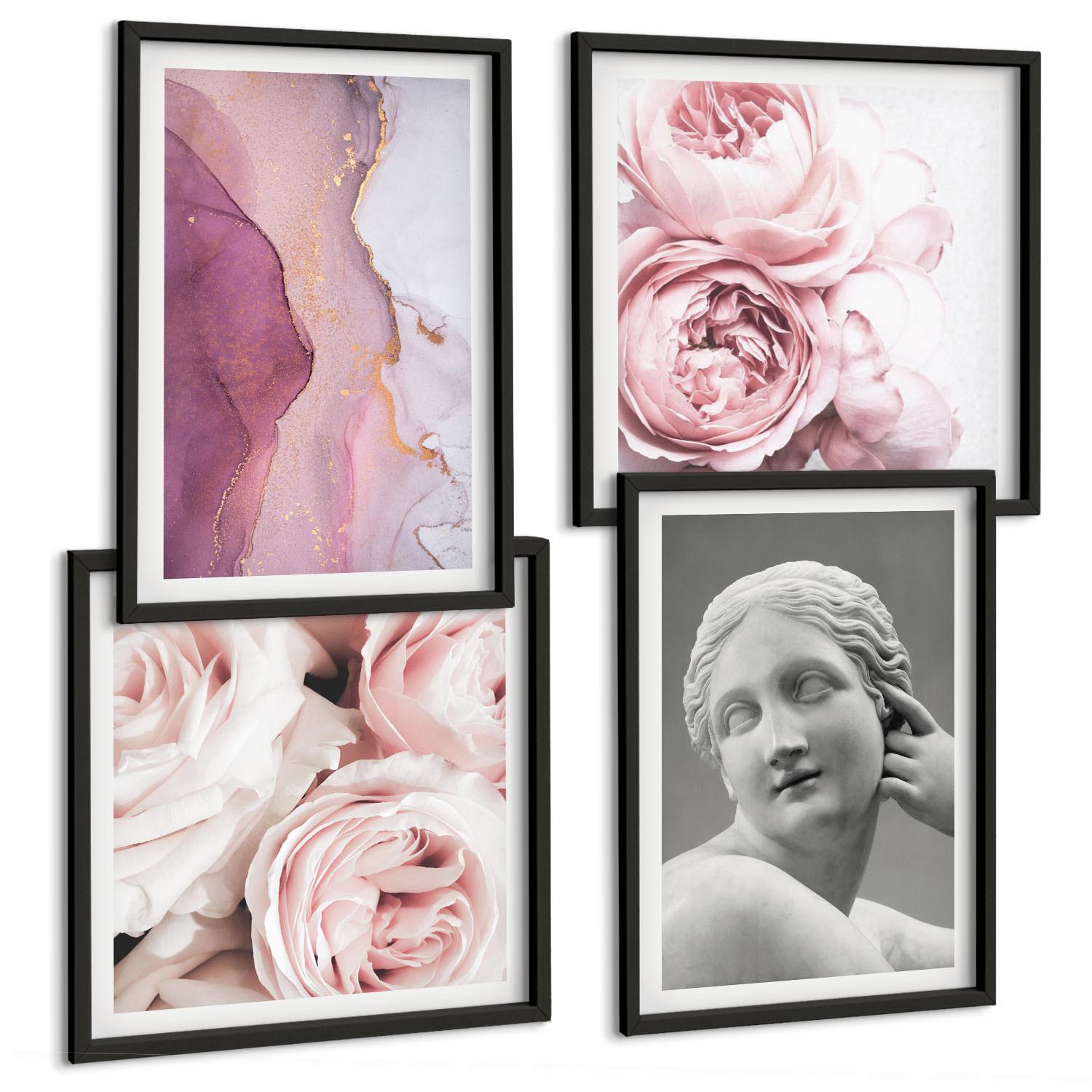BILDER SET 4er Set - 50x50 cm & 40x60 cm Schwarzer Rahmen - Pfingstrosenskulptur einer Frau - Schwarz, Kunststoff (50/50cm) - TULUP