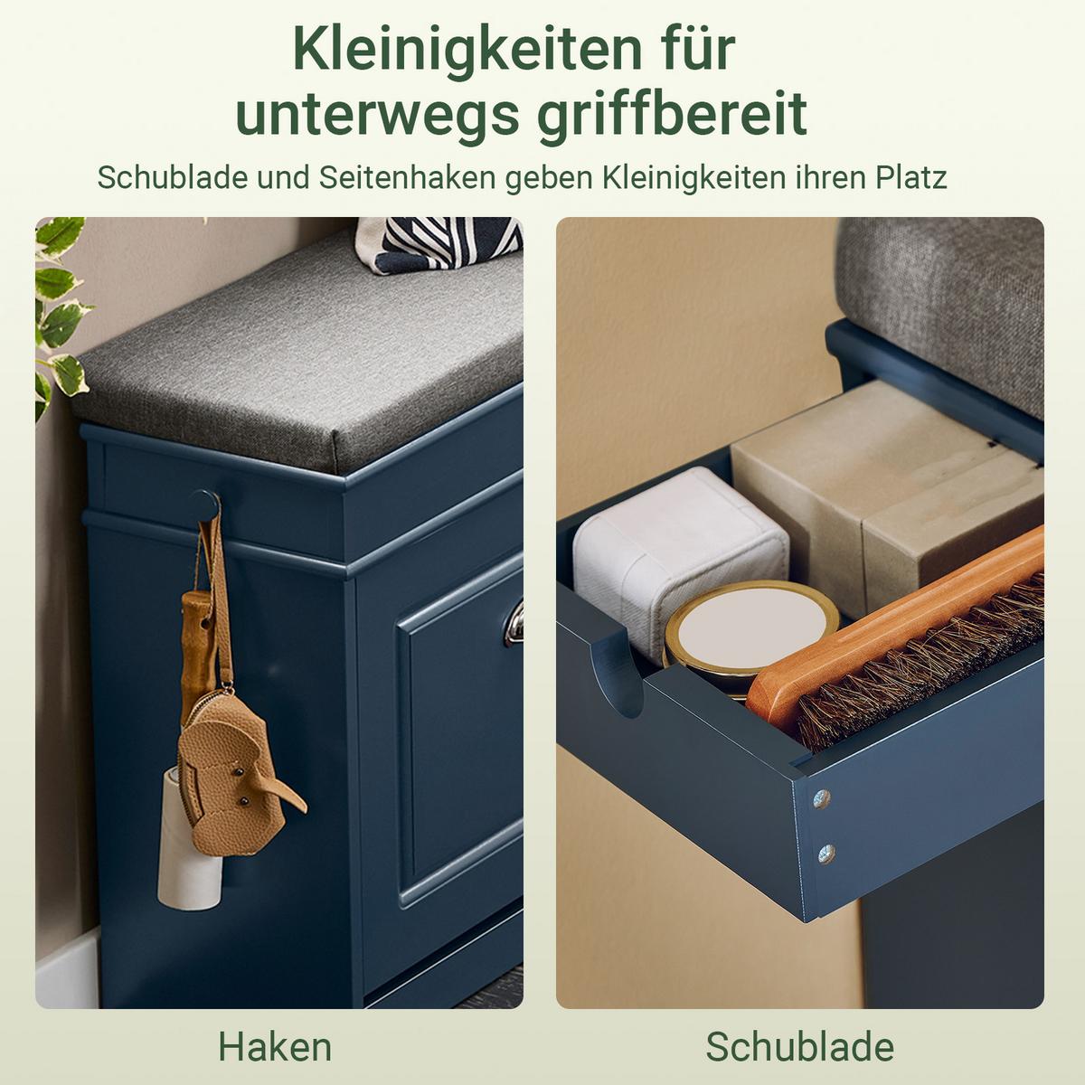 SCHUHBANK, nur 24 cm tief, Blau, 104x52x24cm, 2 Klappen für 8 Paar, Schublade und Haken, für Flur & Diele - Blau, Holzwerkstoff (104/52/24cm) - SoBuy