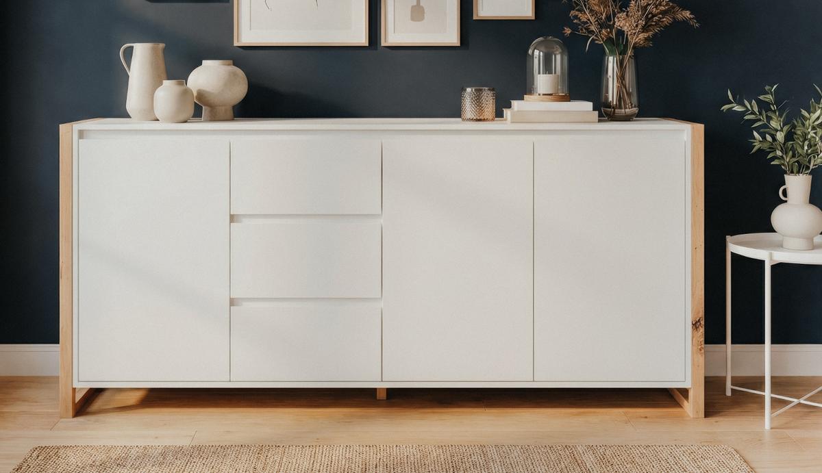 SIDEBOARD weiß, Eiche Artisan 160 x 88 cm, Kommode mit viel Stauraum - Weiß/Eiche Artisan, Holzwerkstoff (160/88/40cm) - Furn.Design
