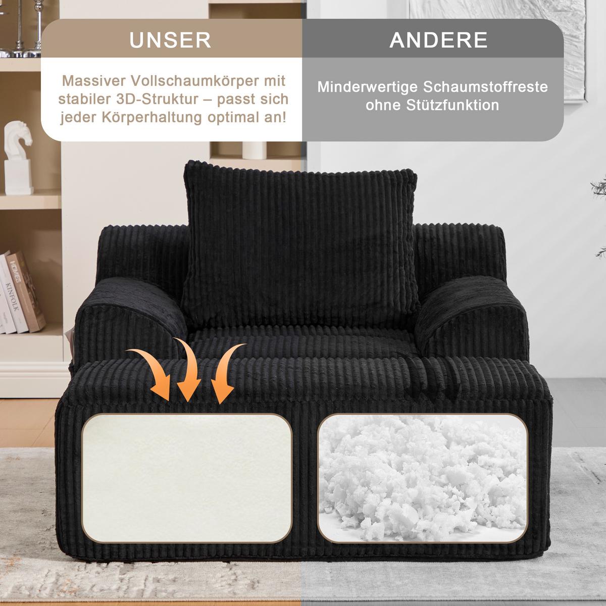 SESSEL mit Hocker in Cord Übergroßer Relaxsessel - Schwarz, Textil (110/67/147cm) - Urban Meuble