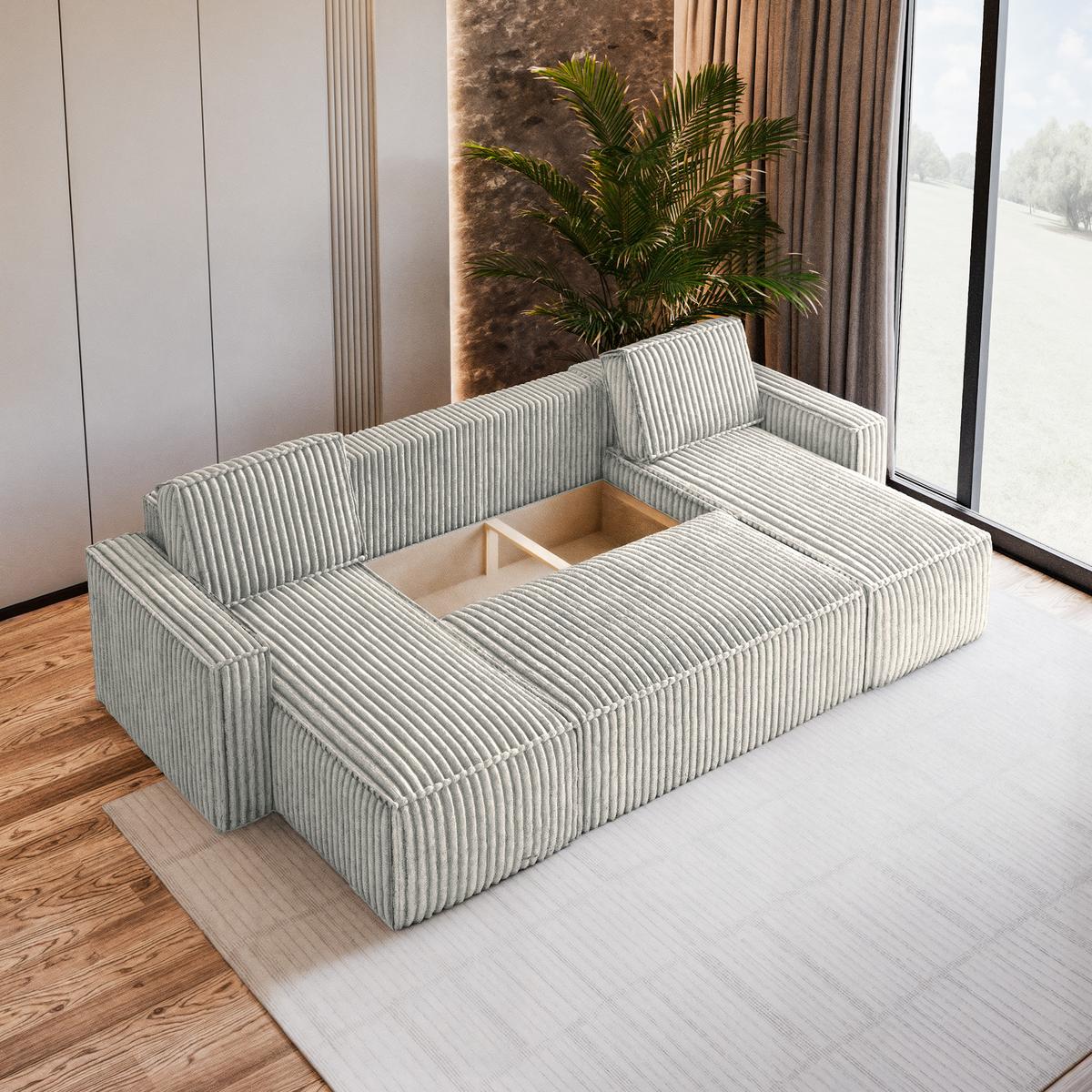 WOHNLANDSCHAFT PESANO T Hellgrau Kordstoff mit Schlaffunktion - Champagner/Grau, Holz/Kunststoff (306/85/140cm) - MASSENO