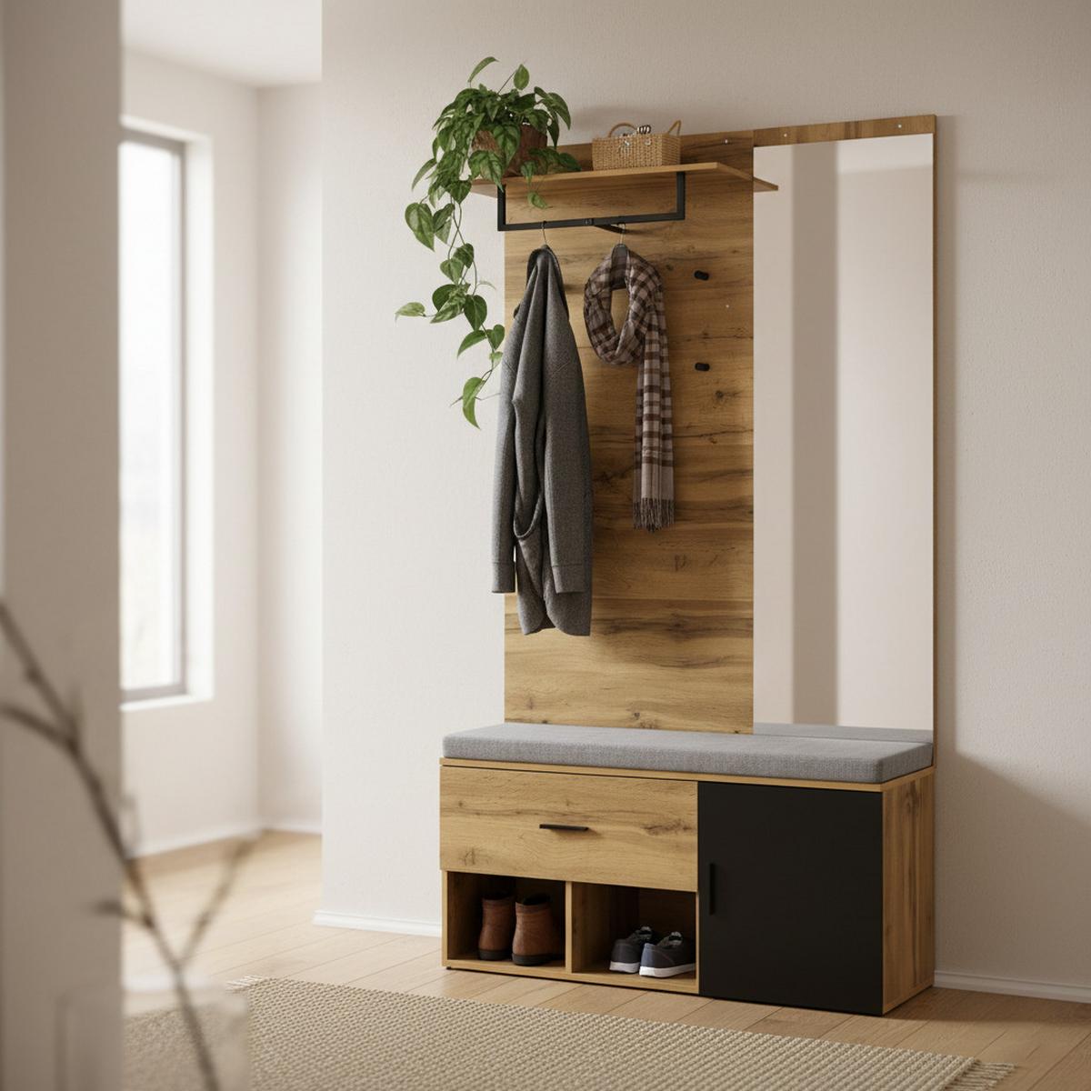 GARDEROBENSET Holzoptik Eiche mit Spiegel & Schuhbank - Eiche San Remo, Holzwerkstoff (104/190/39cm) - Urban Meuble