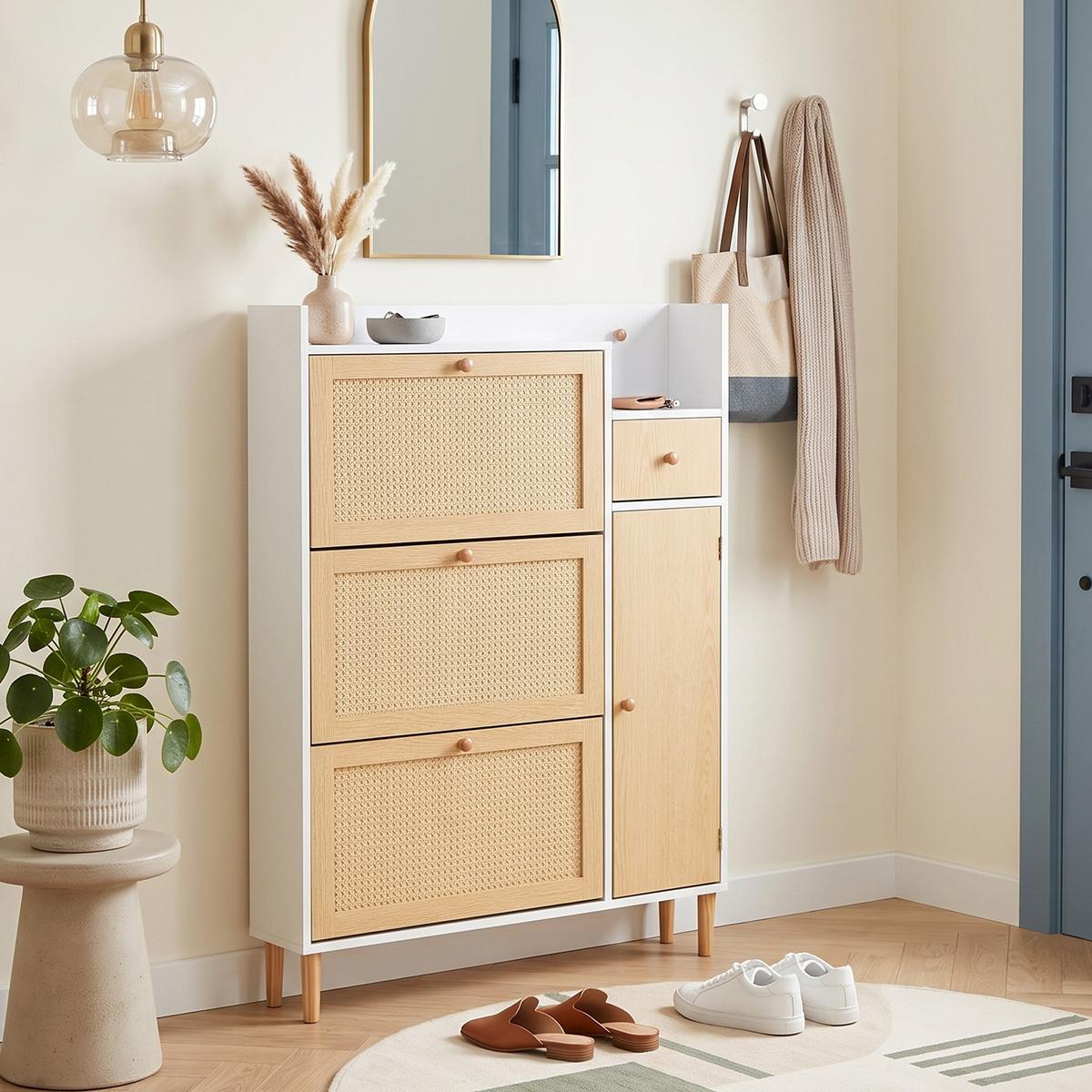 SCHUHESCHRANK Rattan Flach Weiß & Natur Mit 3 Kipp-Türen & 1 Schublade - Naturfarben, Holzwerkstoff (90/125/17cm) - Urban Meuble
