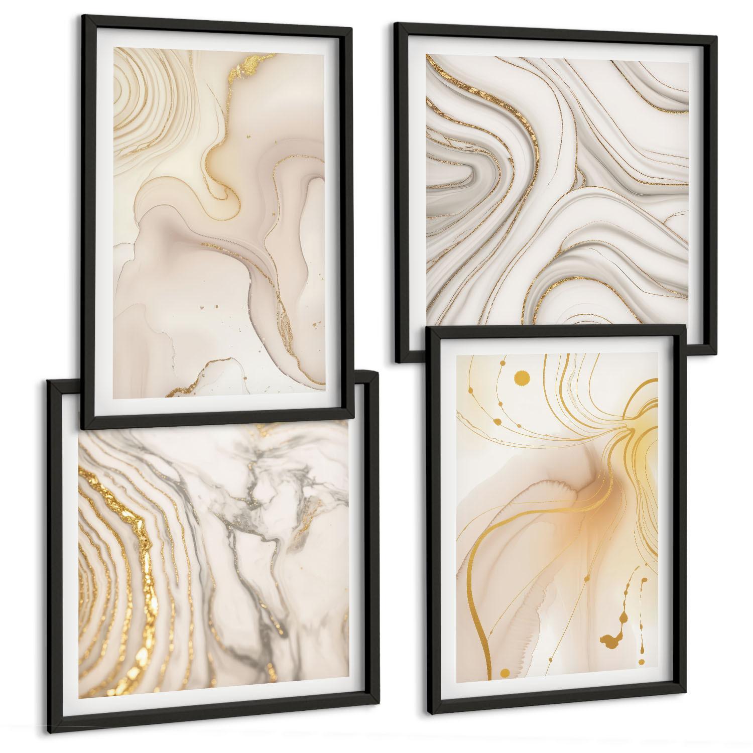 BILDER SET 4er Set - 50x50 cm & 40x60 cm Schwarzer Rahmen - Subtile abstrakte Muster - Schwarz, Kunststoff (50/50cm) - TULUP