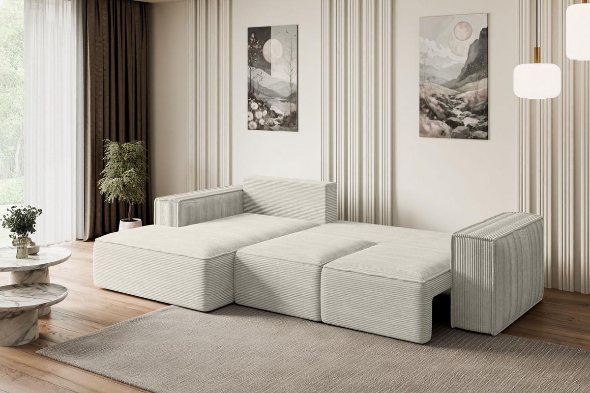 ECKSOFA mit Schlaffunktion und Bettkasten SERRA-L-S - 266x161x87 cm Creme Cord - Hellgrau/Creme, Holzwerkstoff/Kunststoff (266/161cm) - ALTDECOR