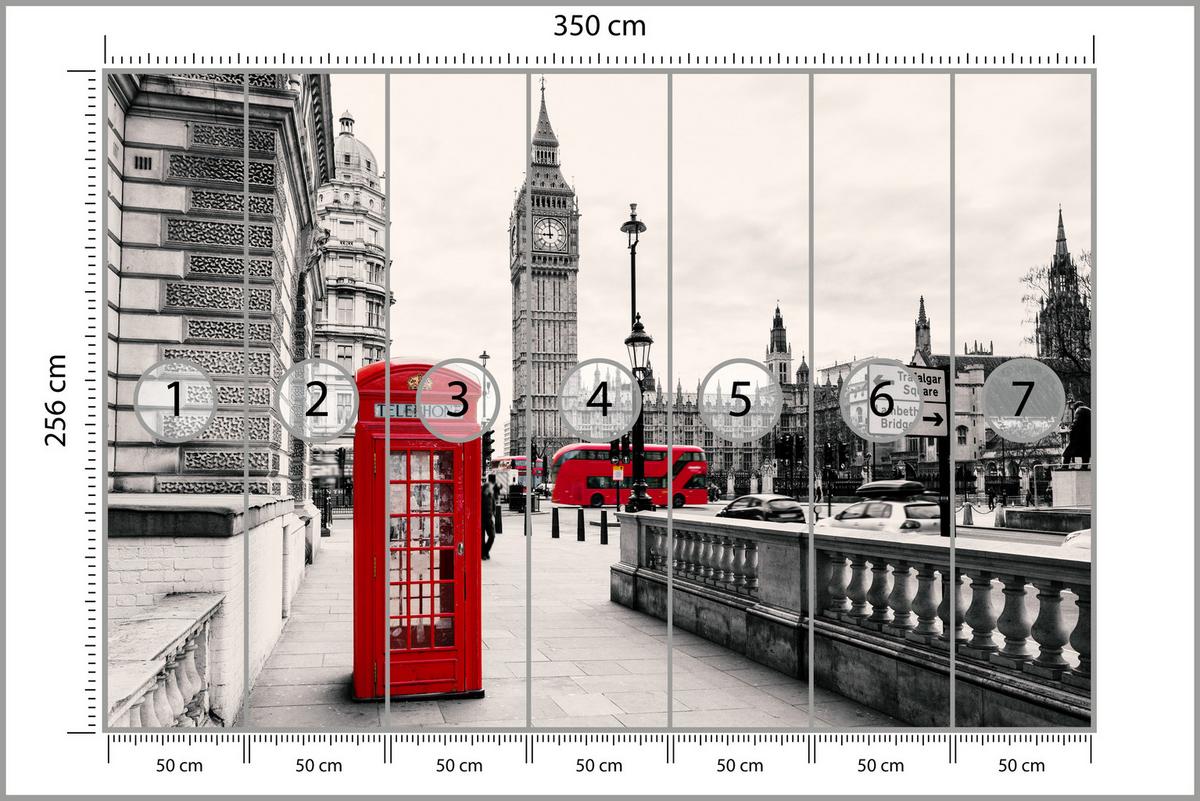 FOTOTAPETE für Wohnzimmer Rote Telefonzelle London BIG BEN Bus 350x256 - Beige/Rot, Papier (350/256cm) - Muralo