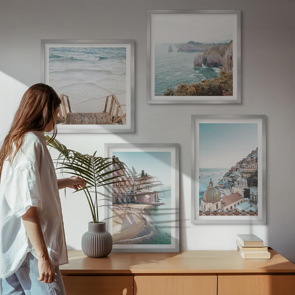 BILDER SET 4er Set - 50x50 cm & 40x60 cm Silberner Rahmen - Sommerliche Strandansichten in Pastellfarben - Silberfarben, Kunststoff (50/50cm) - TULUP