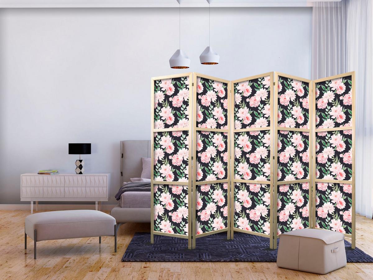 PARAVENT Japanischer 5-tlg 225x172 cm Pfingstrosen Natur - Rosa, Holz/Textil (225/172/3cm) - Muralo