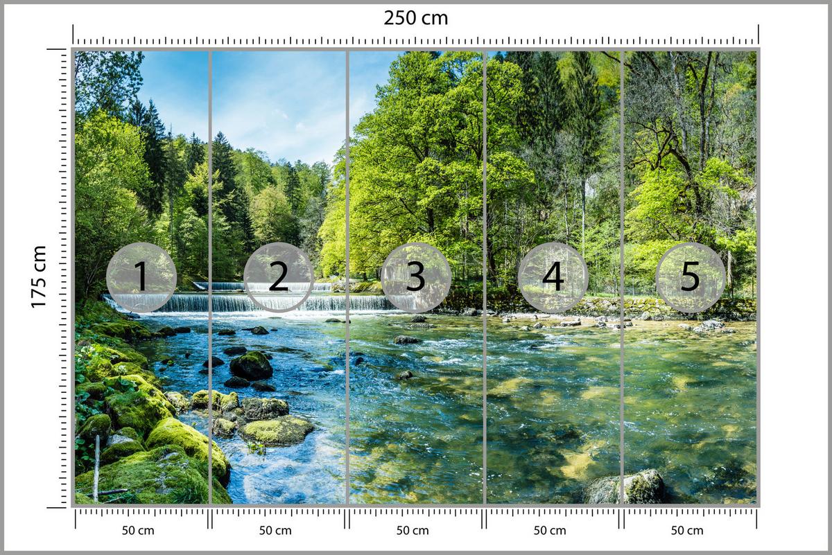 FOTOTAPETE für Wohnzimmer Landschaft Steinerne Fluss Wald Bäum 250x175 - Türkis/Blau, Papier (250/175cm) - Muralo