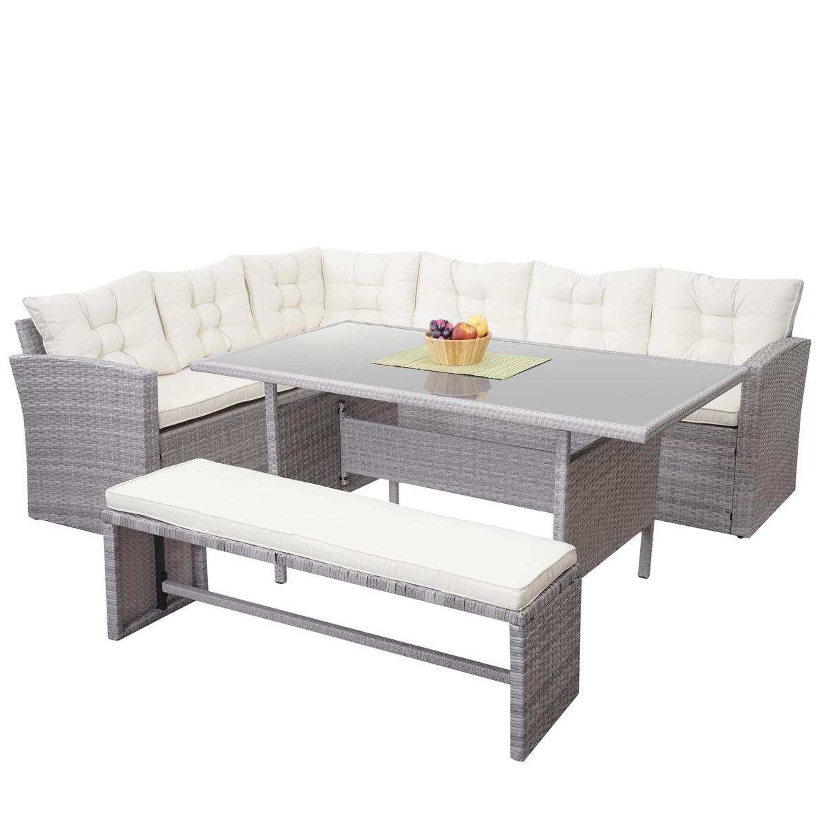 POLY-RATTAN-GARNITUR Hellgrau - Hellgrau, Kunststoff - MCW