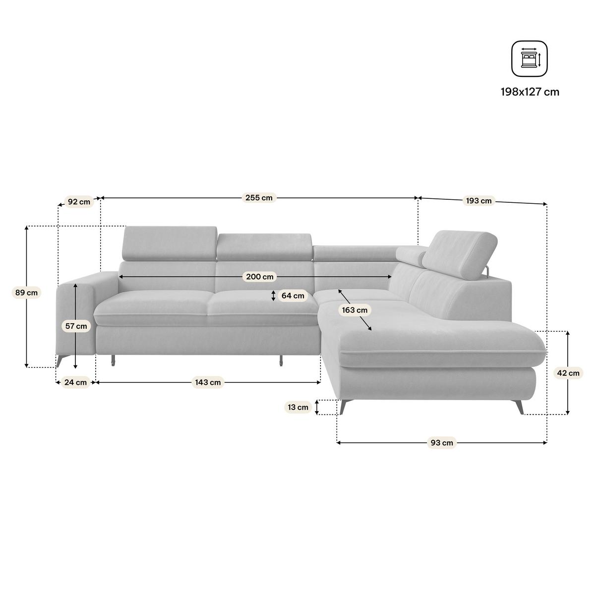 ECKSOFA VELISS Hellgrau Veloursstoff mit Schlaffunktion - Hellgrau, Holz (255/193cm) - MASSENO