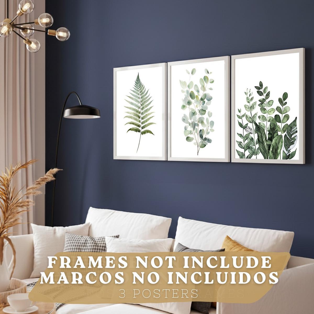 POSTER 3er Bilder-Set Wandbilder Botanisch Grün modern Wohnzimmer Deko, Schlafzimmer, Küche, Badezimmer Rahmenlos A3 - Klar, Papier (29.7/1/42cm) - Nacnic