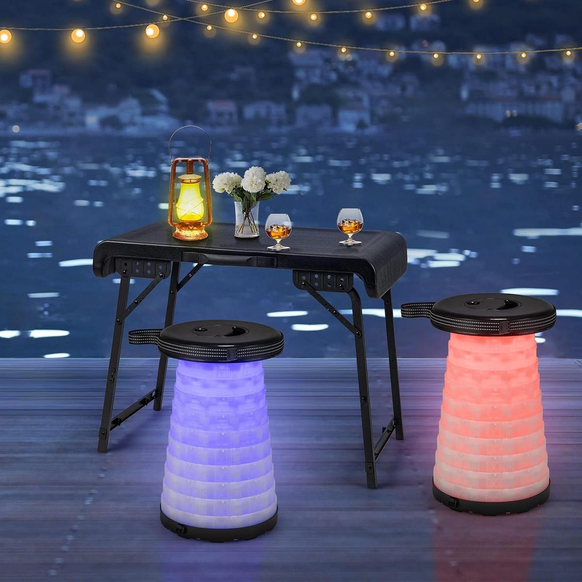 KLAPPTISCH mit 2 LED Teleskophockern Schwarz(3-teilig) - Schwarz, Metall - COSTWAY