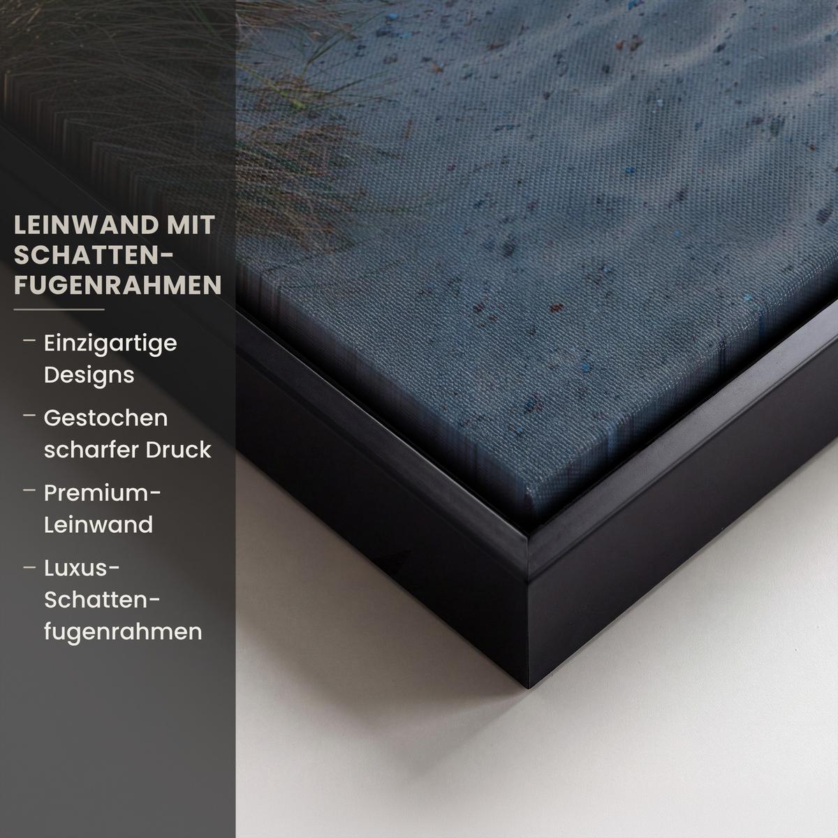 LEINWAND Bilder mit Rahmen - Sonnenuntergang - Strand - Düne - Gras - Ufer - 70x100 - Sandfarben, Textil (70/100cm) - MuchoWow