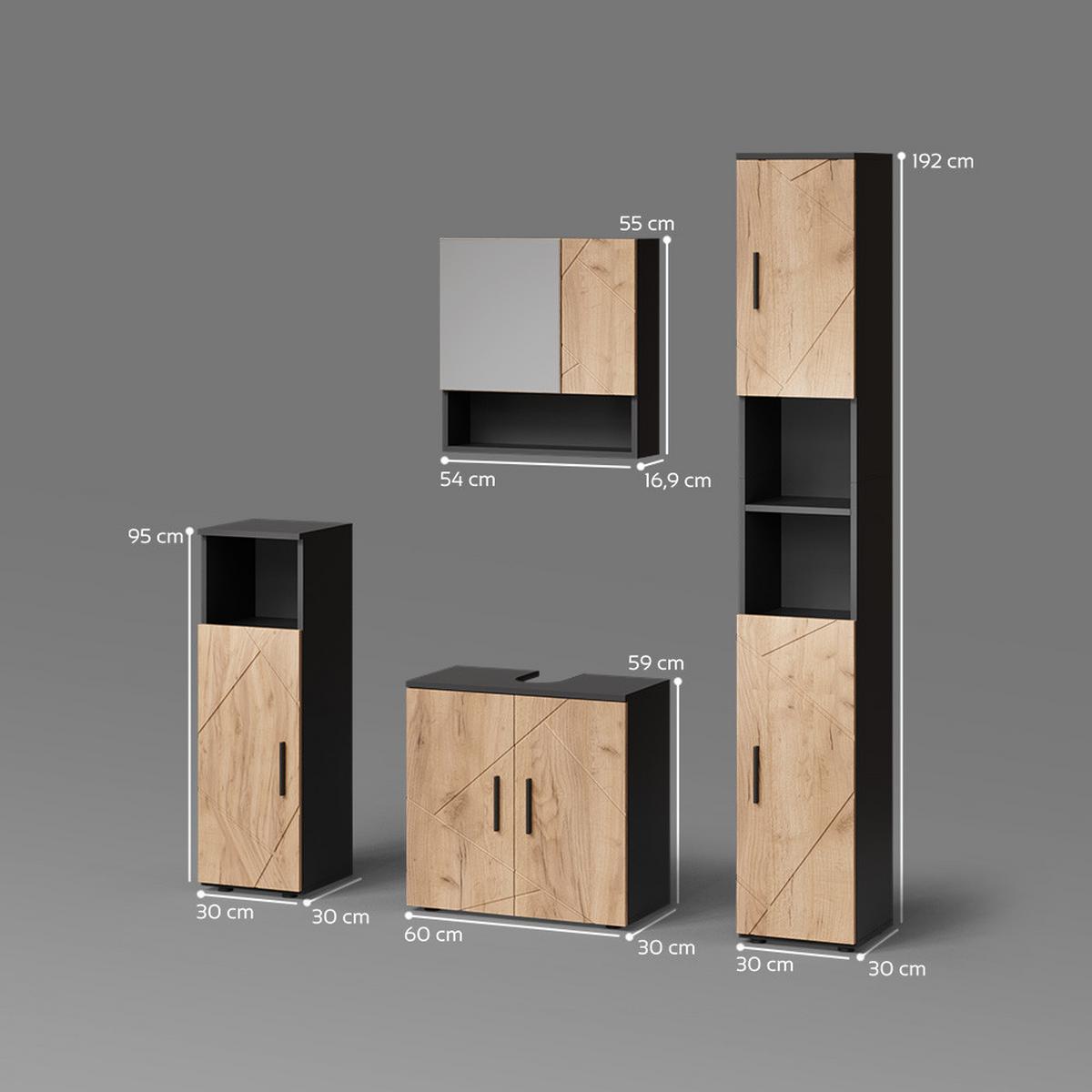 BADMÖBEL-SET Ronco Goldkraft Eiche/Anthrazit 4 Teile, mit Hochschrank - Honigeiche/Anthrazit, Holzwerkstoff (60/192/30cm) - Livinity®
