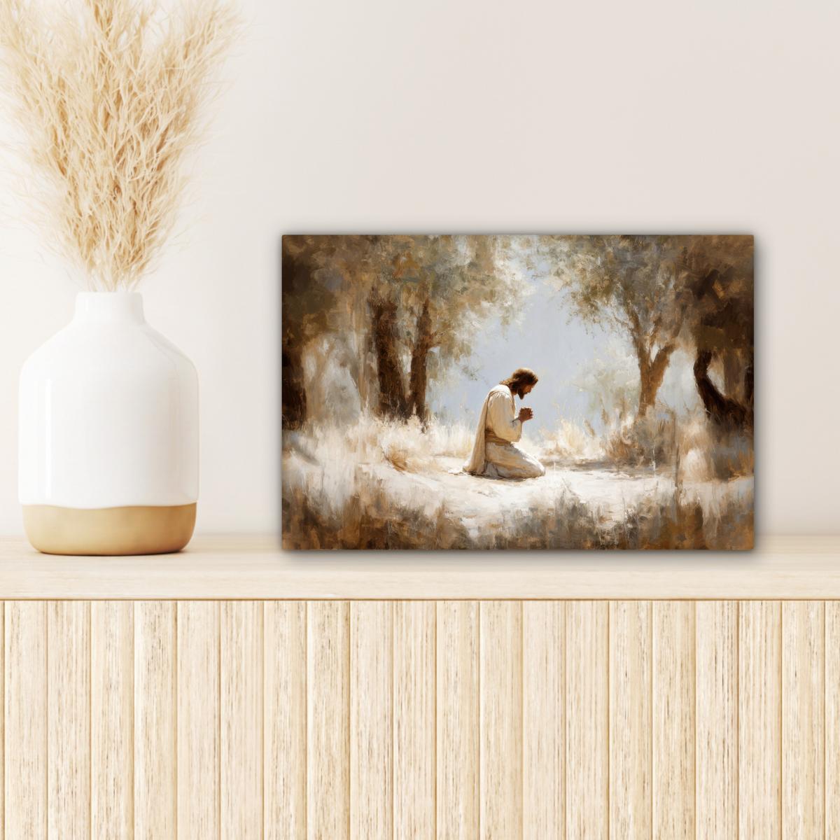 LEINWANDBILD Jesus - Kniend - Waldlandschaft - Betend Deko Schlafzimmer 30x20 cm - Beige/Hellblau, Textil (30/20cm) - MuchoWow
