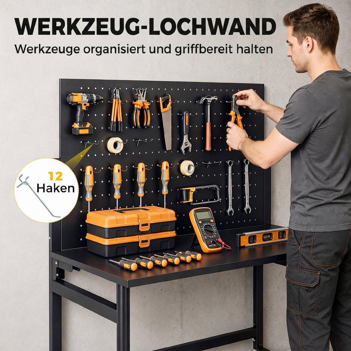 WERKBANK MDF Schwarz - Schwarz, Metall (62/143.5/115cm) - HOMCOM