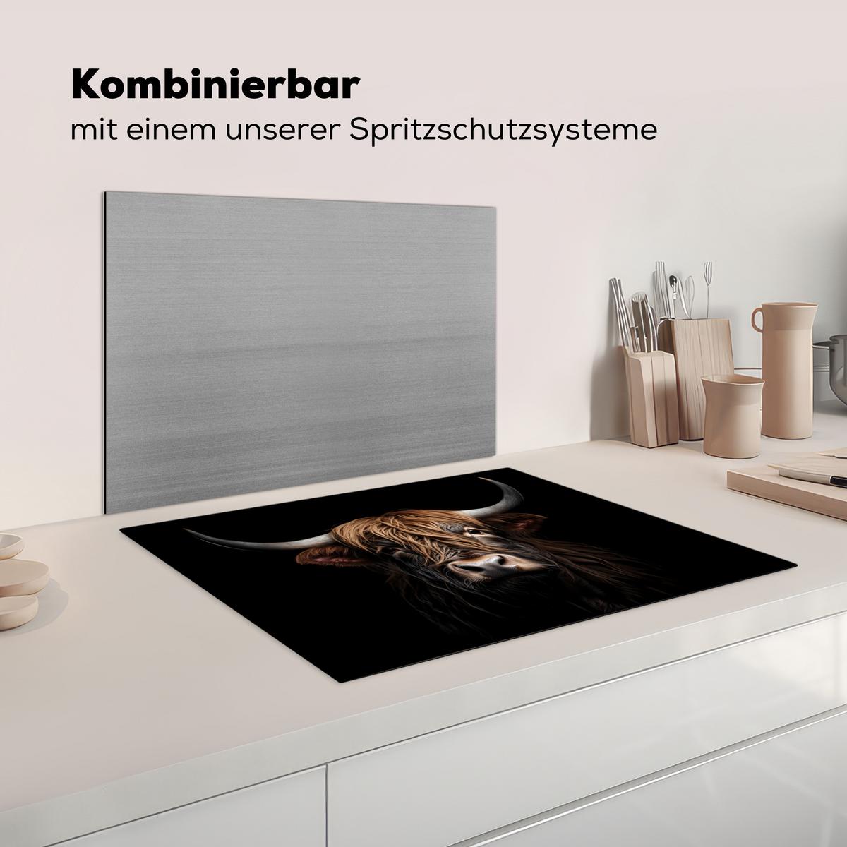HERDABDECKPLATTE Schottischer Highlander - Porträt - Schwarz - Tier Herdabdeckung Induktionsfeld 70x52 cm - Braun, Kunststoff (70/52/0.2cm) - MuchoWow