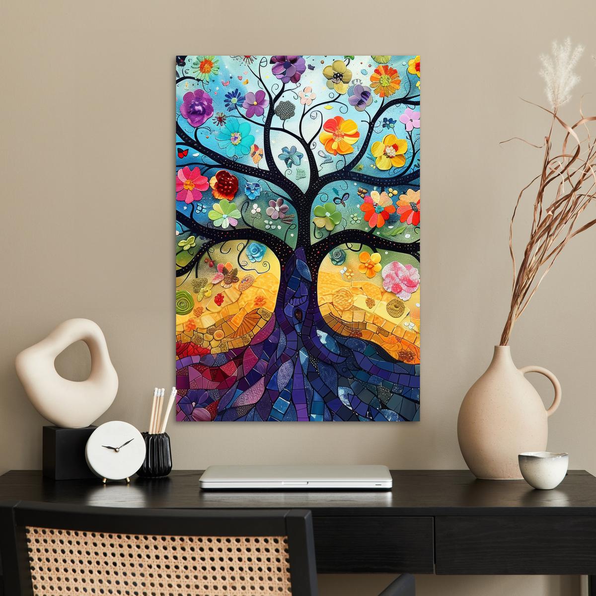 POSTER Kunst - Baum des Lebens - Blumen - Hippie Wanddeko 40x60 cm - Dunkelblau, Papier (40/60/0.1cm) - MuchoWow