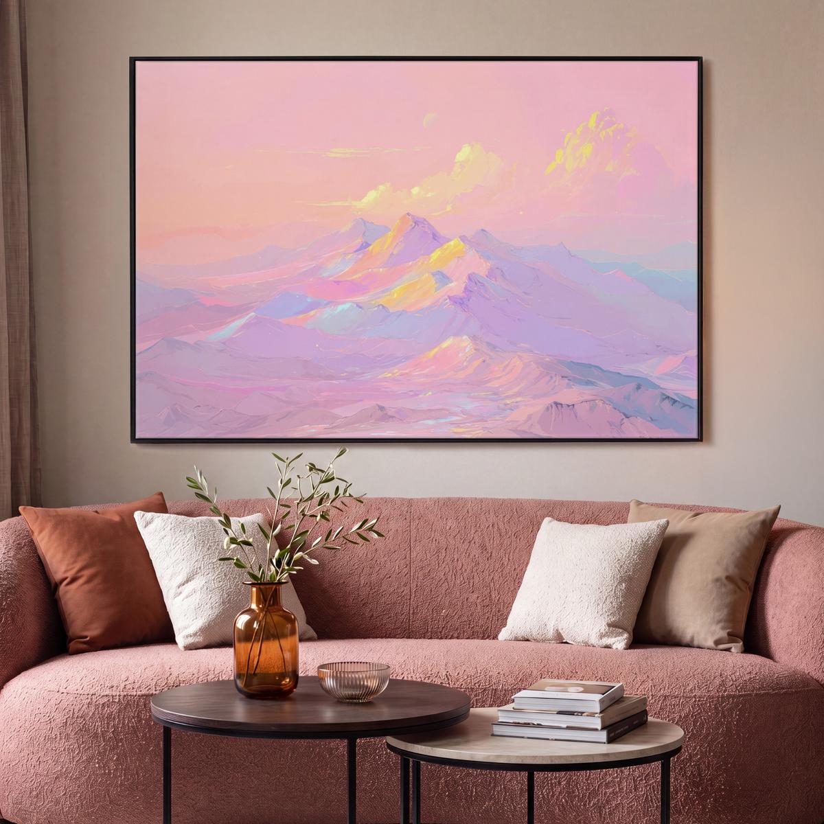 LEINWAND Bilder mit Rahmen - Berggipfel - Wolken - Verträumt - 120x80 - Hellrosa, Textil (120/80cm) - MuchoWow