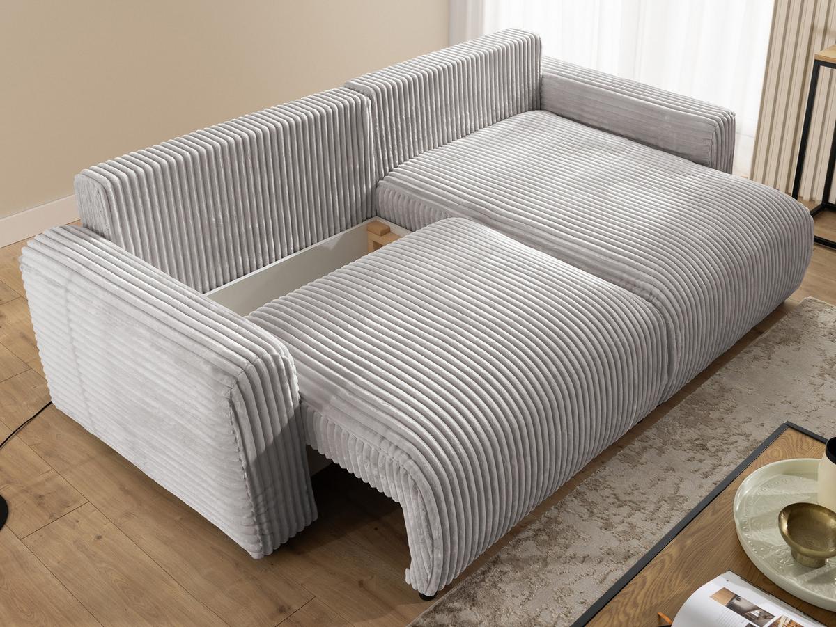 ECKSOFA Calma mit Schlaffunktion und Bettkasten im Bumpy-Design aus weichem Hellgrau Plüschcord - Ottomane rechts - Hellgrau/Schwarz, Holz/Kunststoff (140/239cm) - S-Style