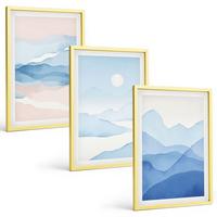 BILDER SET 3er Set - 40x60 cm Goldrahmen - Aquarell: Blau-rosa Berge - Goldfarben, Kunststoff (40/60cm) - TULUP