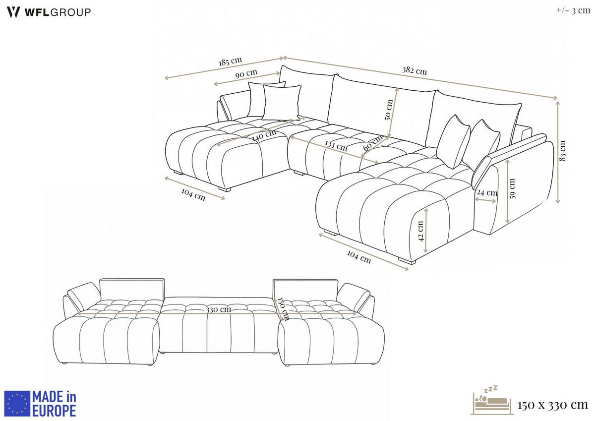 ECKSOFA Iris U mit Schlaffunktion und Bettkasten, U-Form – Senfgelb Samt 382/184/85 cm - Dunkelgelb/Schwarz, Kunststoff/Textil (382/184cm) - WFL GROUP
