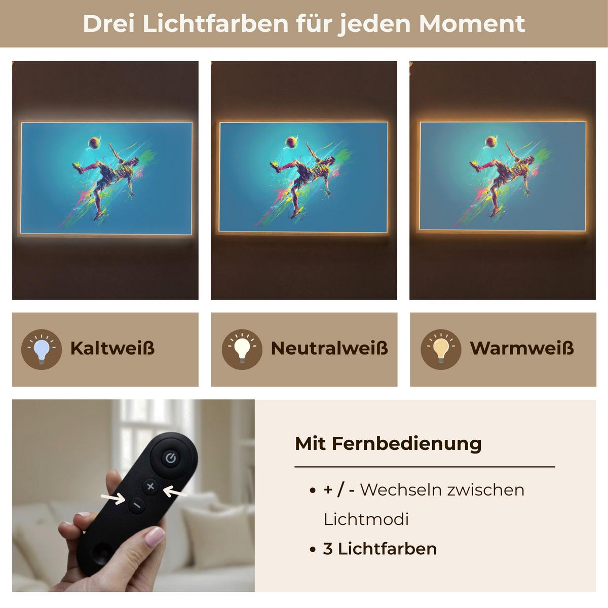 WANDLEUCHTE MIT AKKU Fußballer - Farbspritzer - Farbenfroh - Ball 90x60 cm - Blau, Holzwerkstoff (90/60/8cm) - OnlyWow