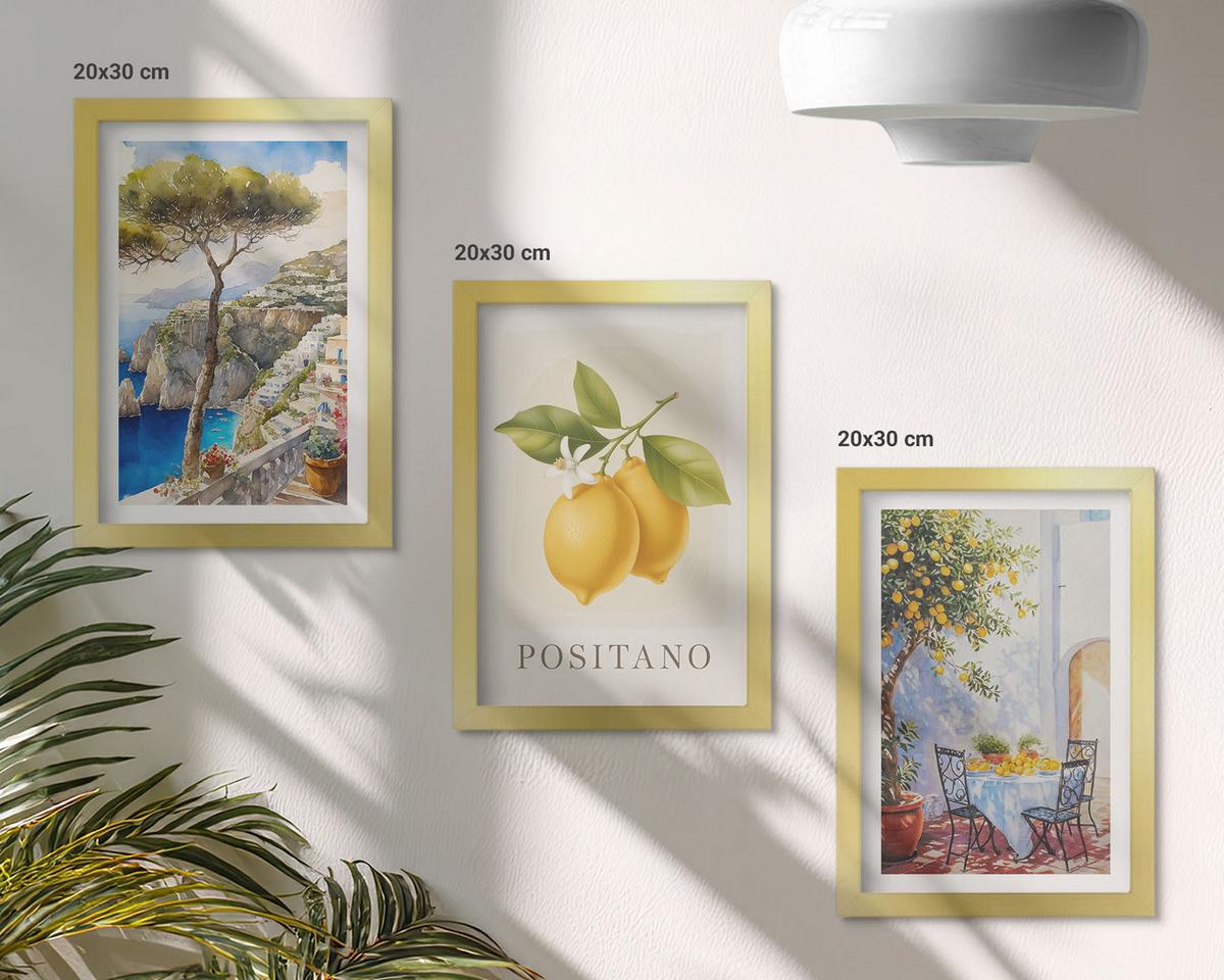BILDER SET 3er Set - 20x30 cm Goldrahmen - Ansichten von Positano mit Zitronen - Goldfarben, Kunststoff (20/30cm) - TULUP