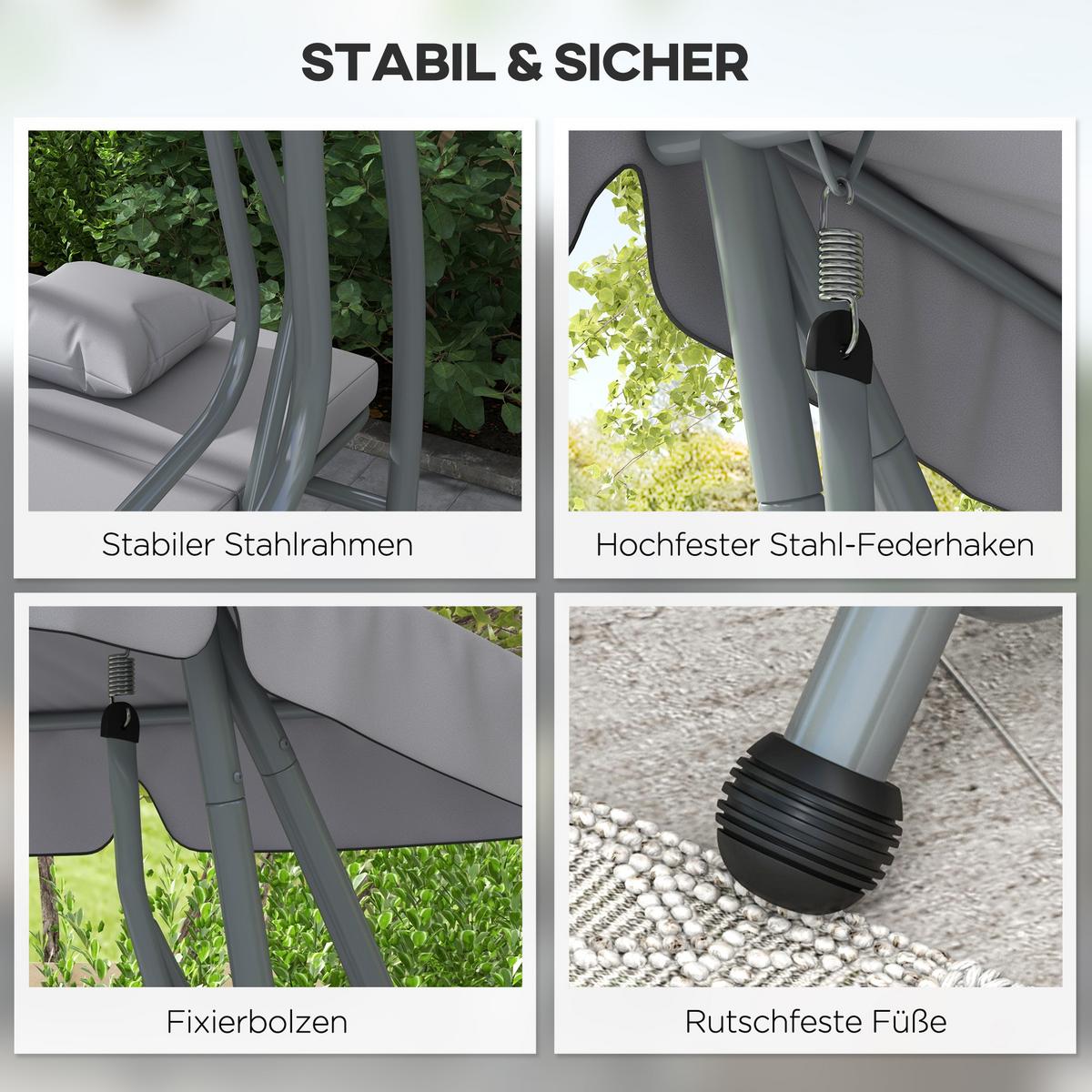 HOLLYWOODSCHAUKEL 3-Sitzer Gartenschaukel mit Verstellbarem Dach Kissen Hellgrau - Grau, Metall (120/164/200cm) - Outsunny
