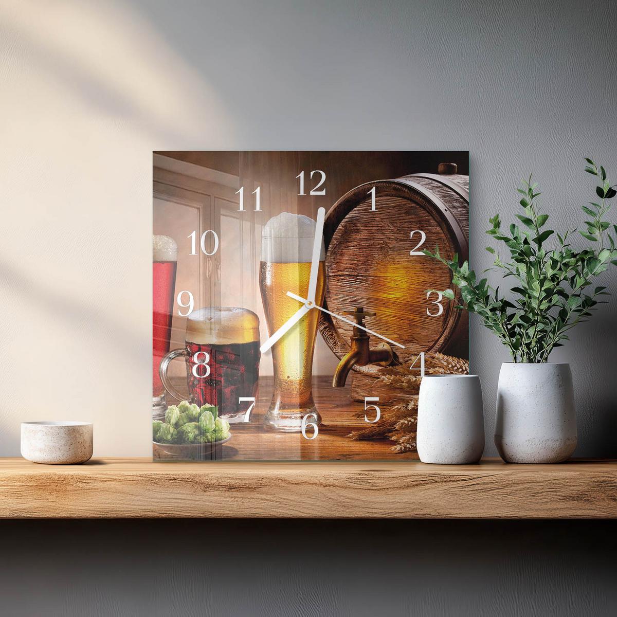 WANDUHR aus Glas 30x30 cm - Bierfass - Braun, Glas (30/30/0.4cm) - TULUP