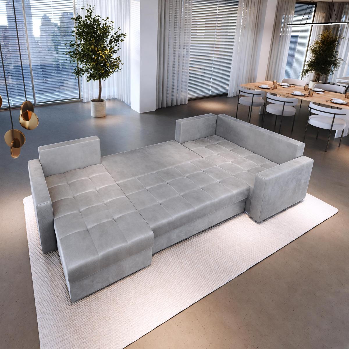 WOHNLANDSCHAFT LORIVO R-S Beige Plüsch-Stoff mit Schlaffunktion - Beige/Grau, Holz/Kunststoff (285/85/150cm) - MASSENO