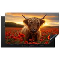 HERDABDECKPLATTE Schottische Highlander - Rosen - Blumenfeld - Sonnenuntergang Induktionsschutz 91.6x52.7 cm - Rotbraun, Kunststoff (91.6/52.7/0.2cm) - MuchoWow