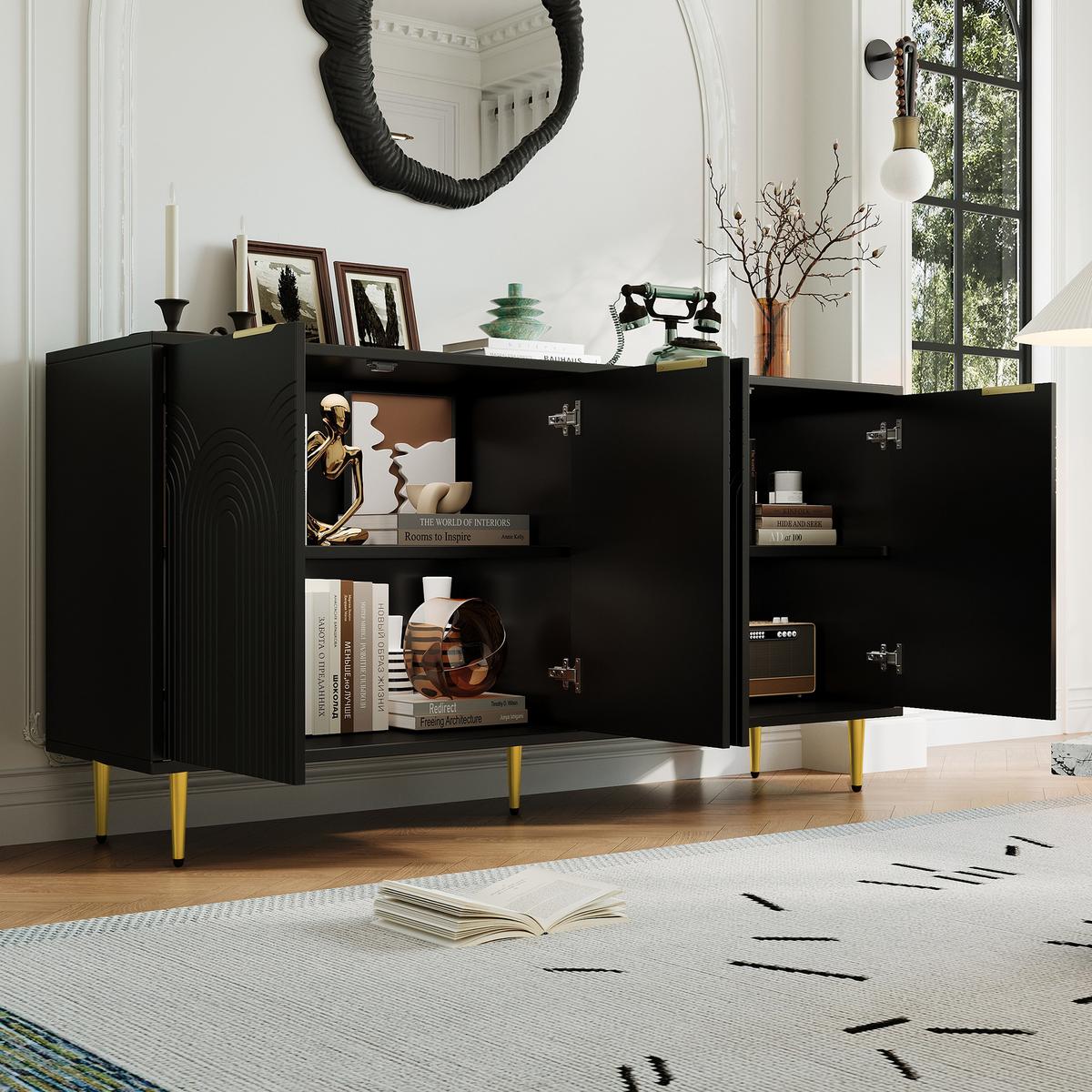 SIDEBOARD schwarz & gold-details mit 4 türen & 3d-rillen-design - Schwarz, Holzwerkstoff (160/80/40cm) - Urban Meuble
