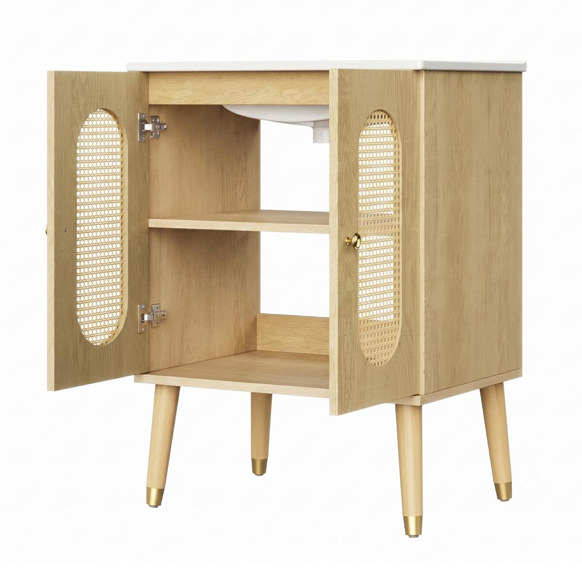 WASCHTISCHUNTERSCHRANK Holzoptik mit Rattan-Türen & Keramikbecken - Naturfarben, Holzwerkstoff (61/89/47cm) - Urban Meuble
