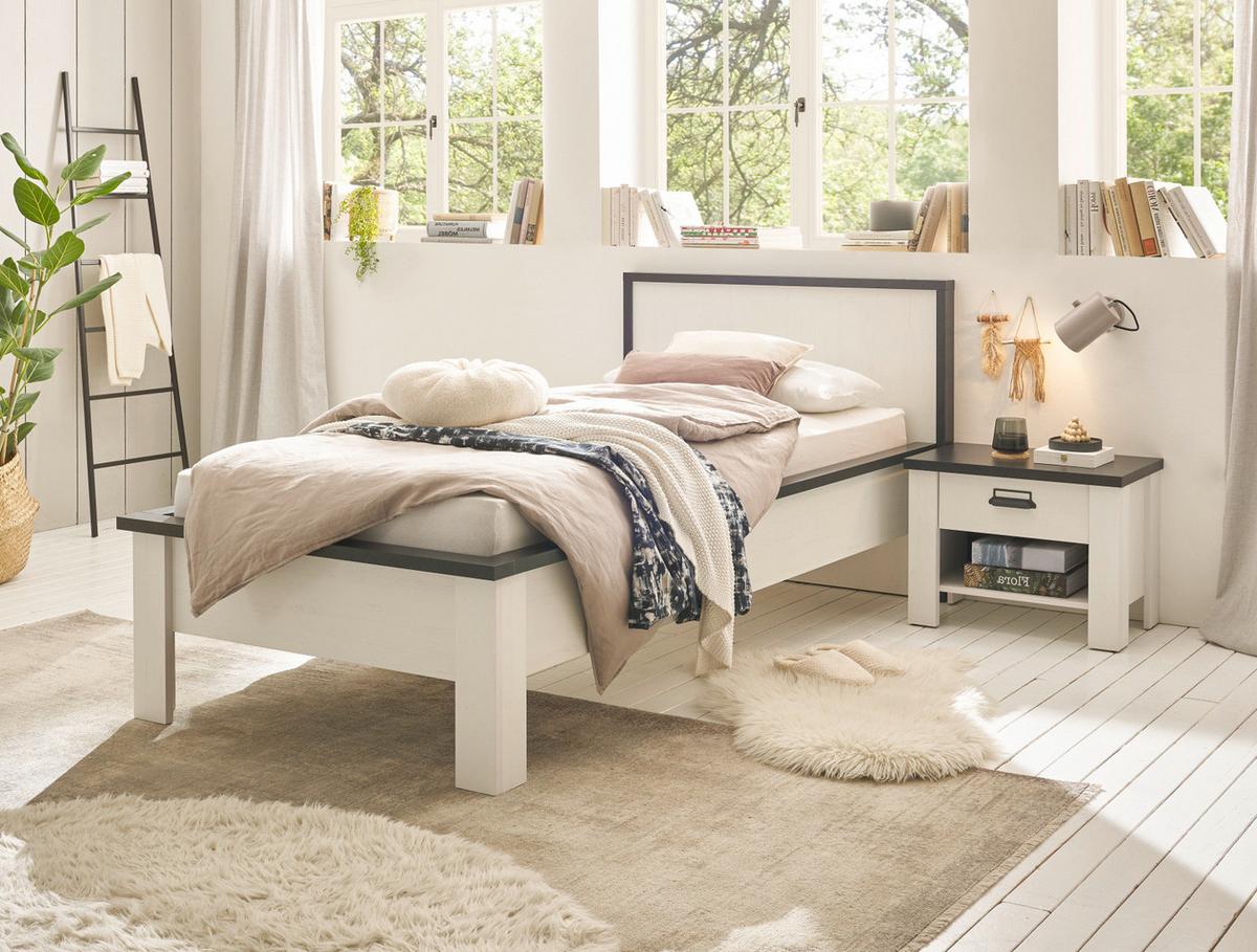 BETT weiß Pinie, anthrazit Landhaus, Einzelbett Liegefläche 90 x 200 cm - Anthrazit/Weiß, Holzwerkstoff (90/200cm) - Furn.Design
