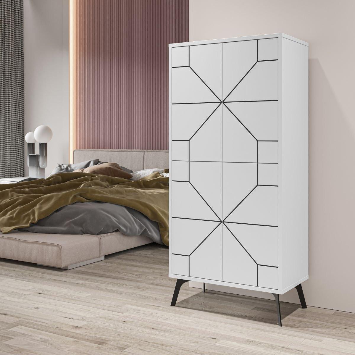 HIGHBOARD mit 4 weißen Türen und schwarzen Dekorationen H136 cm - Dune - Weiß, Holzwerkstoff (35.6/136/62.6cm) - Calicosy