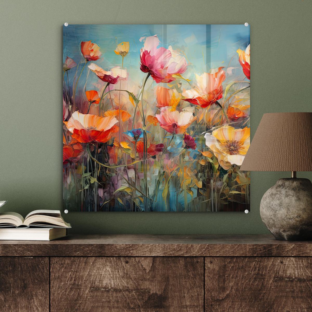 ACRYLGLASBILD Blumen - Aquarell - Kunst - Botanisch - Natur 50x50 cm - Orange, Glas (50/50cm) - MuchoWow