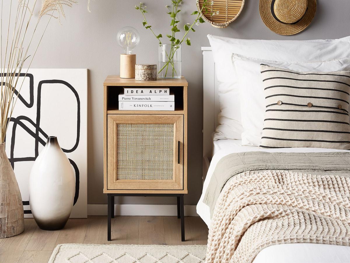 NACHTTISCH Rattan heller Holzfarbton Pasco - Hellbraun/Schwarz, Holzwerkstoff (40/78/40cm) - Beliani