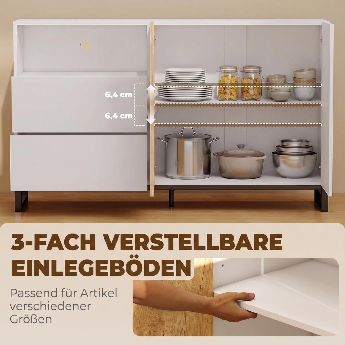 SIDEBOARD Spanplatte Stahl Weiß Eiche - Eichefarben/Schwarz, Holzwerkstoff/Metall (40/85/140cm) - HOMCOM