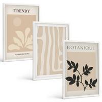 BILDER SET 3er Set - 40x60 cm Weißer Rahmen - Stilvolle Pflanzenmuster in Beige und Schwarz - Weiß, Kunststoff (40/60cm) - TULUP