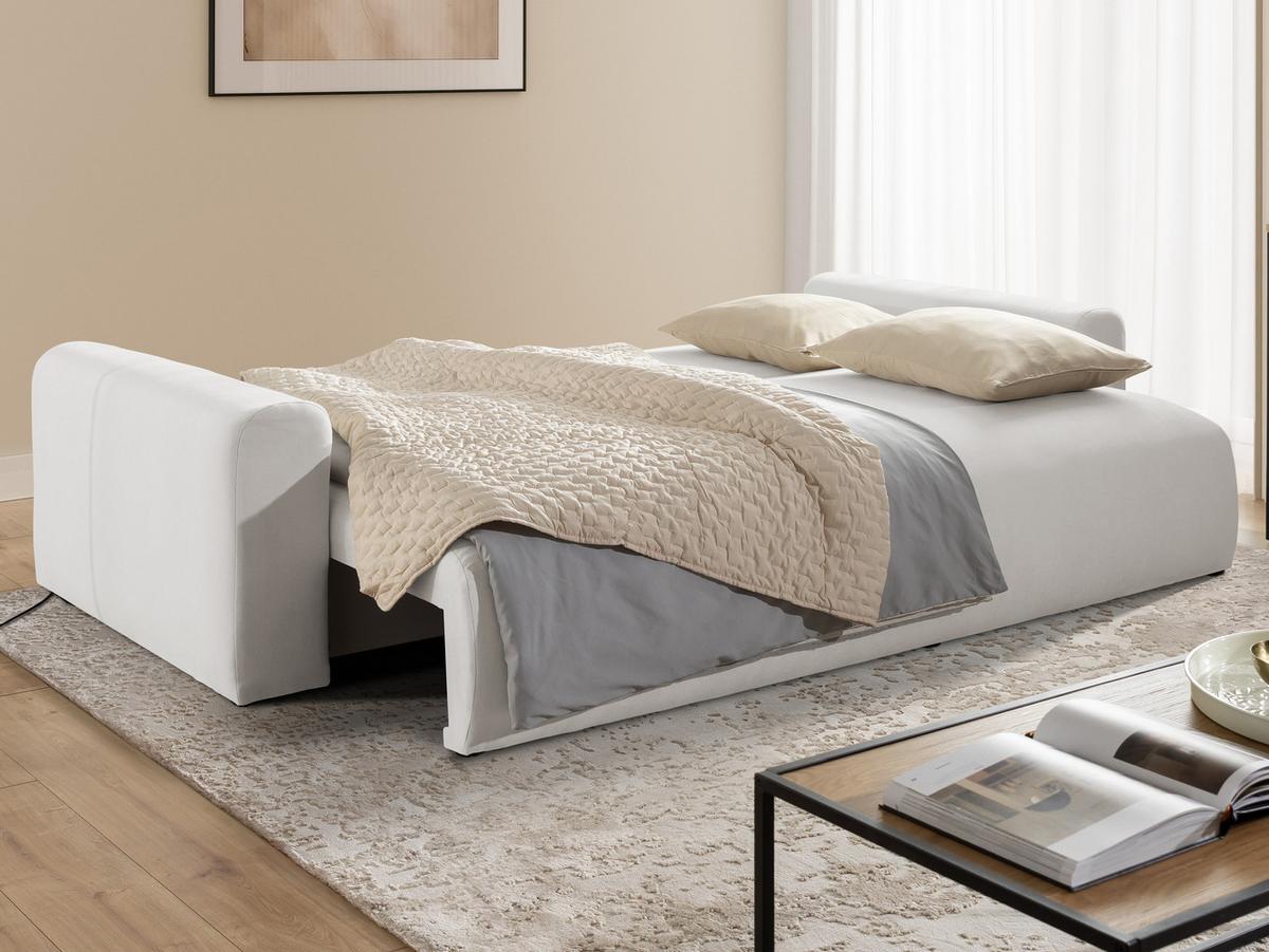 SCHLAFSOFA Calma mit Bettkasten im Bumpy-Design aus weichem Creme Webstoff - Creme/Schwarz, Holz/Kunststoff (239/88/98cm) - S-Style